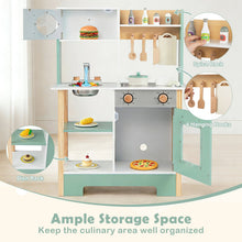Load image into Gallery viewer, Wooden play kitchen set with various accessories and storage features.
