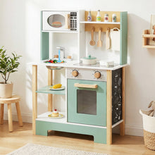 Load image into Gallery viewer, Children's play kitchen set with wooden stove, oven, and microwave on a light wood floor.
