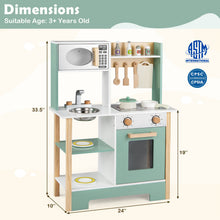 Load image into Gallery viewer, Children's play kitchen set with dimensions and safety certification logos on a light green background
