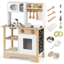 Load image into Gallery viewer, Wooden play kitchen set with accessories on a white background
