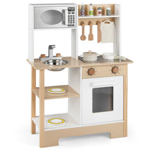 Load image into Gallery viewer, Children's wooden play kitchen set with various accessories on a white background
