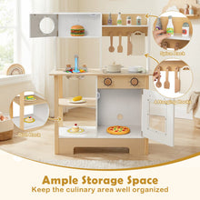 Load image into Gallery viewer, Wooden play kitchen set with various accessories and storage options in a room setting.
