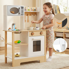 Load image into Gallery viewer, Child playing with a wooden play kitchen set in a home setting.
