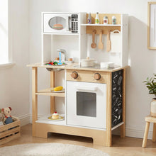 Load image into Gallery viewer, Children's wooden play kitchen set with various accessories in a room setting.

