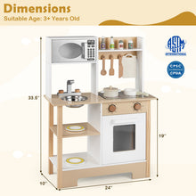 Load image into Gallery viewer, Children's wooden play kitchen set with measurements and certification logos on a beige background
