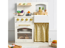 Load image into Gallery viewer, Children's play kitchen set with white stove and gold curtain on a white background
