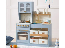 Load image into Gallery viewer, Children's play kitchen set with blue cabinets, wooden stove, and sink on a light gray background.
