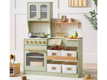 Load image into Gallery viewer, Children's play kitchen set with green cabinets and wooden elements on a white background
