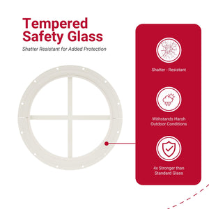 Tempered safety glass with features listed on a red card on a white background