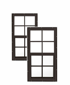 Two black framed windows with grid patterns on a white background