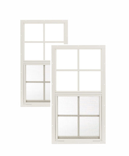 Two white windows with grid patterns on a white background