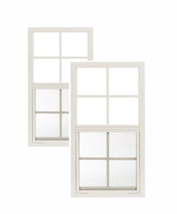 Two white windows with grid patterns on a white background