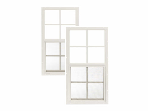 Two white windows with grid patterns on a white background