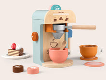 Load image into Gallery viewer, Wooden toy espresso machine with colorful accessories on a light background
