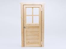 Load image into Gallery viewer, Wooden playhouse door with four-pane window and metal handle, perfect for outdoor kids&#39; houses or backyard play structures
