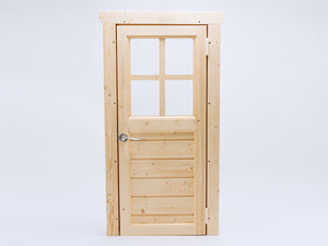Wooden playhouse door with four-pane window and metal handle, perfect for outdoor kids' houses or backyard play structures
