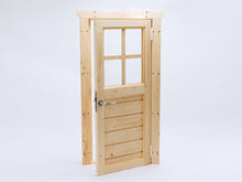 Load image into Gallery viewer, Partially open wooden playhouse door with window and handle, made from natural pine for outdoor playhouses

