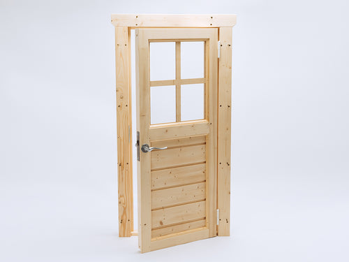 Partially open wooden playhouse door with window and handle, made from natural pine for outdoor playhouses