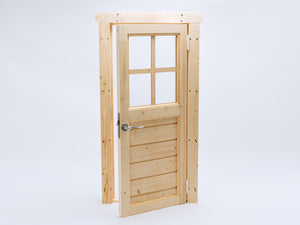 Partially open wooden playhouse door with window and handle, made from natural pine for outdoor playhouses