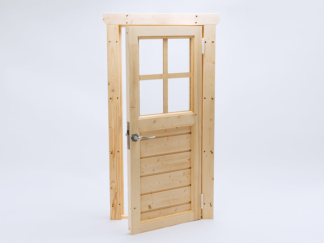 Partially open wooden playhouse door with window and handle, made from natural pine for outdoor playhouses
