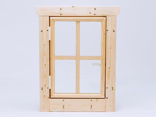 Rectangular wooden playhouse window with four glass panes and hinge-mounted frame for easy installation