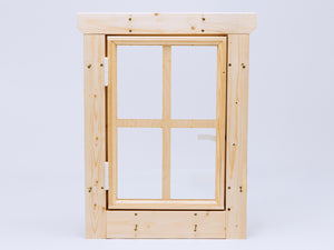 Rectangular wooden playhouse window with four glass panes and hinge-mounted frame for easy installation