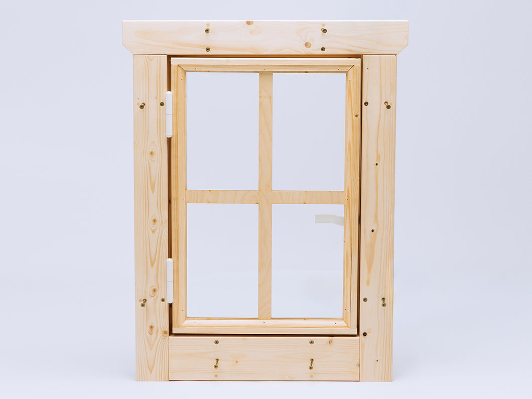 Rectangular wooden playhouse window with four glass panes and hinge-mounted frame for easy installation