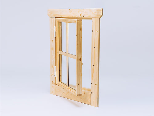 Wooden half open window with frame on a light gray background