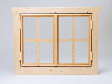 Load image into Gallery viewer, Wooden window with grid design, outside view, on a gray background
