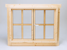 Load image into Gallery viewer, Wooden window frame with glass panes, view from inside, on a gray background

