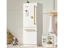 Load image into Gallery viewer, White refrigerator with gold handles in a room setting with a basket, teddy bear, and small shelf.
