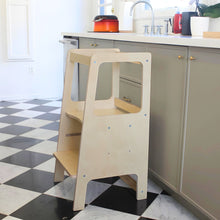 Load image into Gallery viewer, Wooden step stool in a kitchen setting with checkered floor
