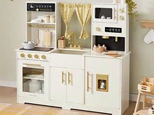 Load image into Gallery viewer, Children's play kitchen set with various appliances and utensils on a light green wall background.
