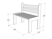 Load image into Gallery viewer, Line drawing of a bench with dimensions labeled by WholeWoodPlayhouses
