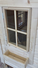 Load and play video in Gallery viewer, Playhouse Natural Wonder Wooden Safety Glass Window demonstration from outside of the playhouse by WholeWoodPlayhouses
