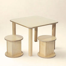 Load image into Gallery viewer, Wooden table with two stools on a beige background
