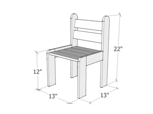 Measurement diagram of a chair with dimensions labeled by WholeWoodPlayhouses