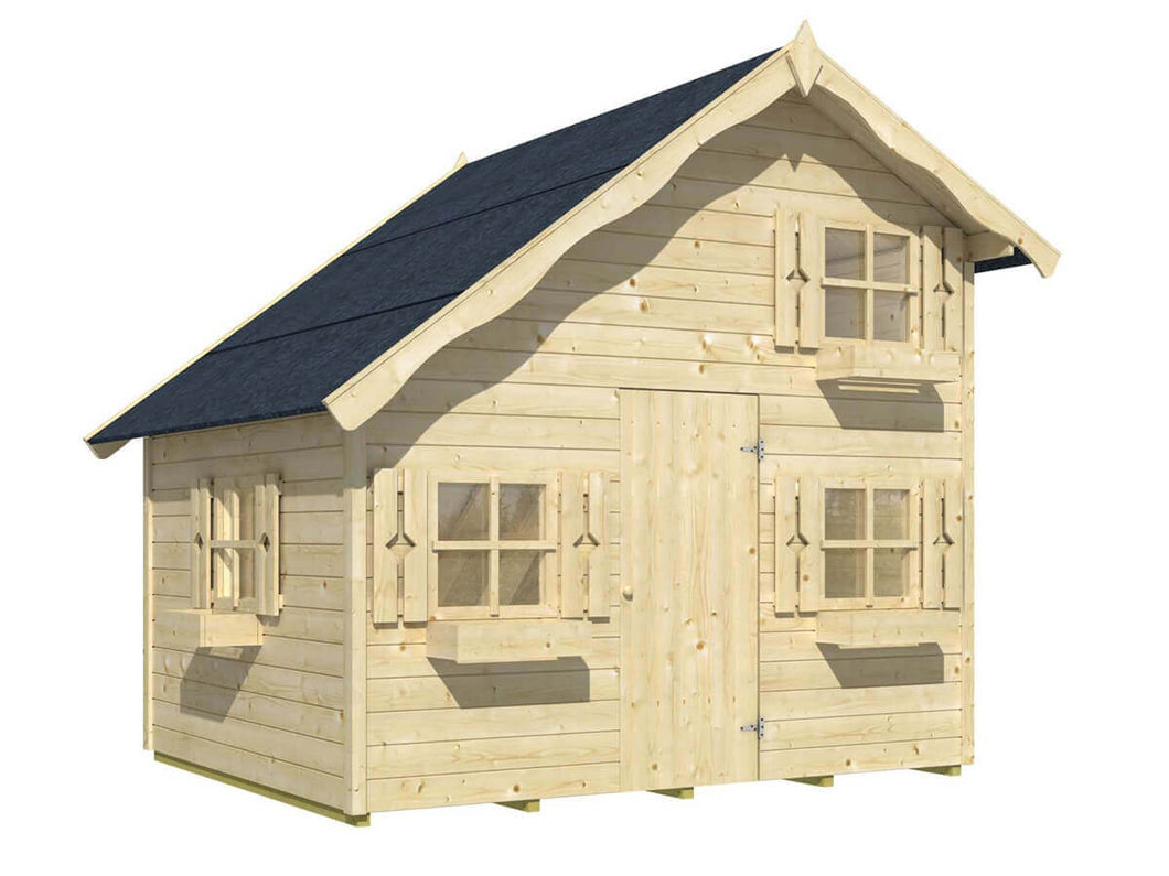 Front outside view of assembled wooden kids playhouse DIY Kit Little Clubhouse on white background | outdoor playhouse DIY kit by WholeWoodPlayhouses