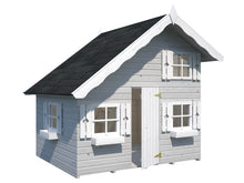 Load image into Gallery viewer, Front outside view of Kids Playhouse DIY Kit Little Clubhouse in light gray with white window shutters and door by WholeWoodPlayhouses
