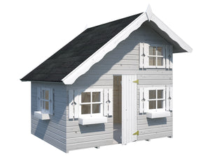 Front outside view of Kids Playhouse DIY Kit Little Clubhouse in light gray with white window shutters and door by WholeWoodPlayhouses