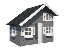 Load image into Gallery viewer, Front outside view of Kids Playhouse DIY Kit Little Clubhouse in gray with white flower boxes and door by WholeWoodPlayhouses
