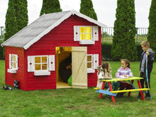 Load image into Gallery viewer, Front outside view of assembled wooden kids playhouse DIY Kit Little Clubhouse in red| outdoor playhouse DIY kit by WholeWoodPlayhouses
