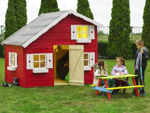 Front outside view of assembled wooden kids playhouse DIY Kit Little Clubhouse in red| outdoor playhouse DIY kit by WholeWoodPlayhouses