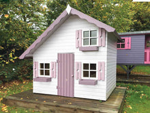 Load image into Gallery viewer, Front outside view of assembled wooden kids playhouse DIY Kit Little Clubhouse in white and lilac| outdoor playhouse DIY kit by WholeWoodPlayhouses
