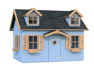 Front outside view of assembled wooden kids playhouse DIY Kit Little Farmhouse in blue and natural| outdoor playhouse DIY kit by WholeWoodPlayhouses