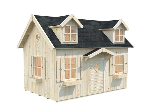 Outside of Assembled Wooden Farmhouse Style Kids Playhouse DIY Kit Little Farmhouse On White Background Outdoor Playhouse DIY Kit by WholeWoodPlayhouses