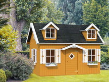 Load image into Gallery viewer, Front outside view of assembled wooden kids playhouse DIY Kit Little Farmhouse in orange and white| outdoor playhouse DIY kit by WholeWoodPlayhouses
