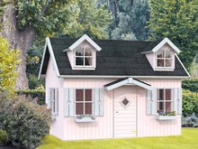Load image into Gallery viewer, Front outside view of assembled wooden Farmhouse Style kids playhouse DIY Kit Little Farmhouse in pink| outdoor playhouse DIY kit by WholeWoodPlayhouses
