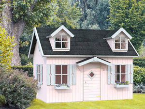 Front outside view of assembled wooden Farmhouse Style kids playhouse DIY Kit Little Farmhouse in pink| outdoor playhouse DIY kit by WholeWoodPlayhouses