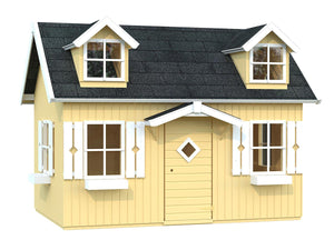Front outside view of assembled wooden kids playhouse DIY Kit Little Farmhouse in yellow| outdoor playhouse DIY kit by WholeWoodPlayhouses